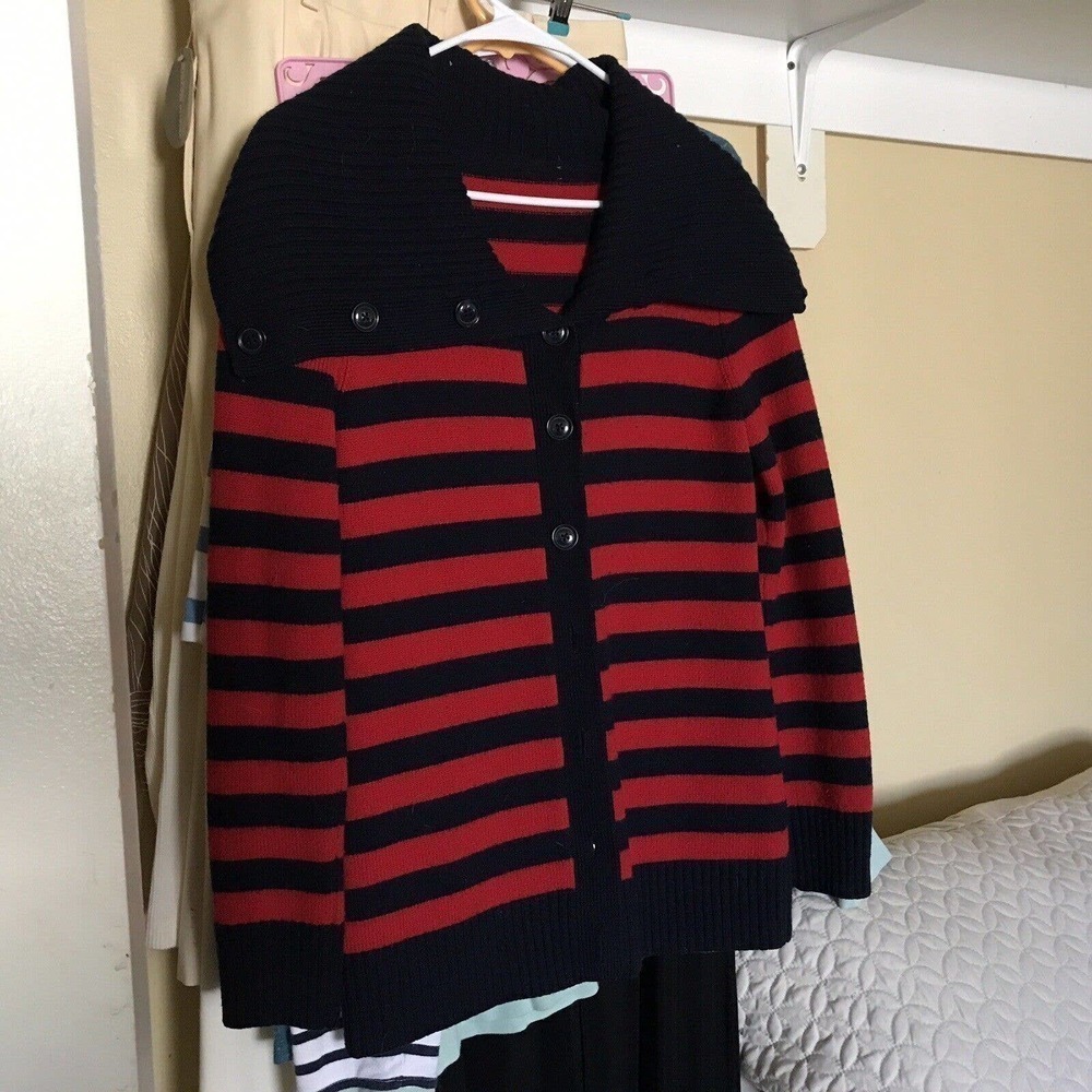 Unbranded Cardigan SzS Red/Blue Stripe Button Collar/Closure Nice Knit Used
